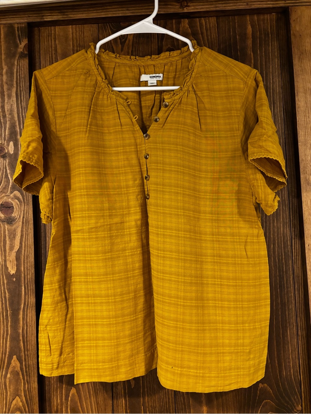 Sonoma Cotton Flutter Sleeve Short Sleeve Button Down Plaid Large
